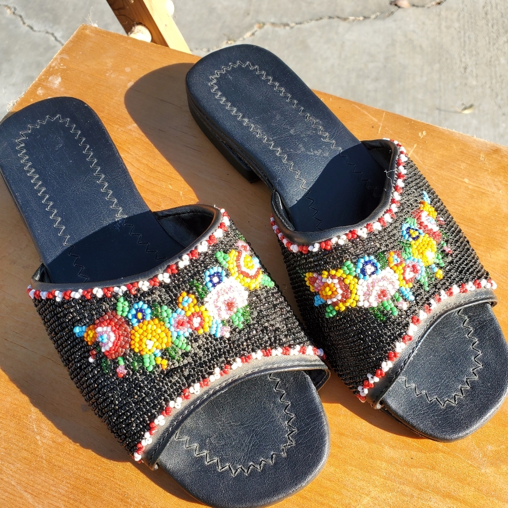 Hand-Embroidered Black Beaded Slide Mules with Floral Accents